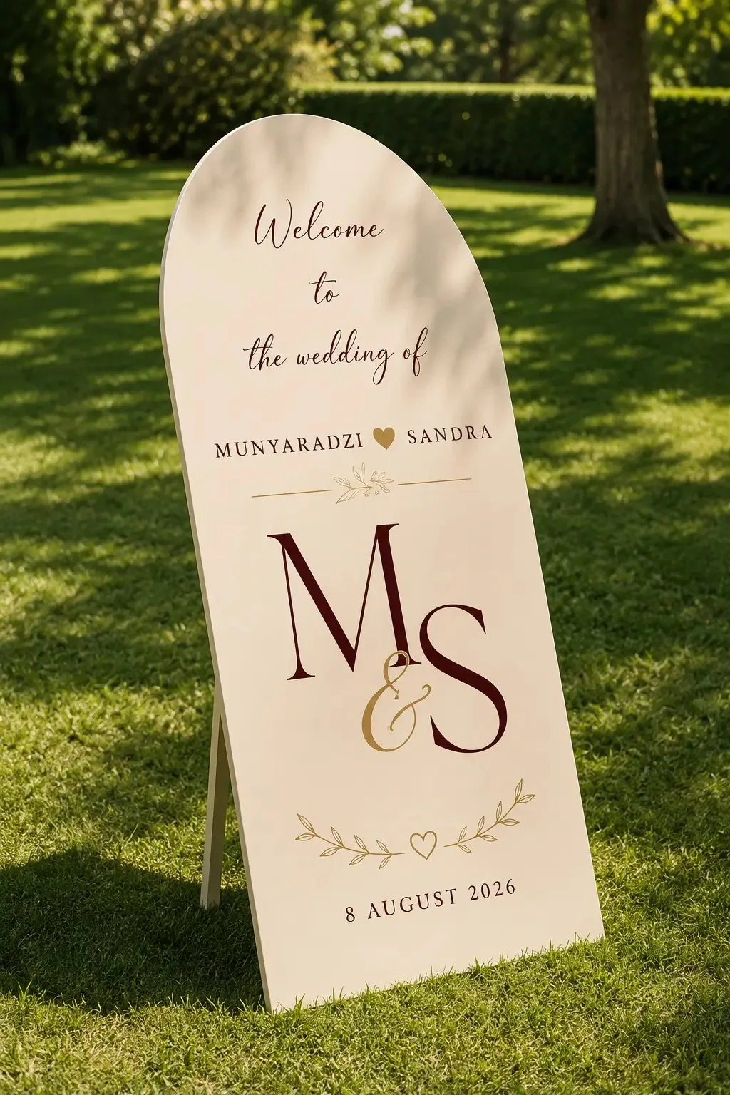 Cream arch-shaped wedding welcome sign with an M & S monogram