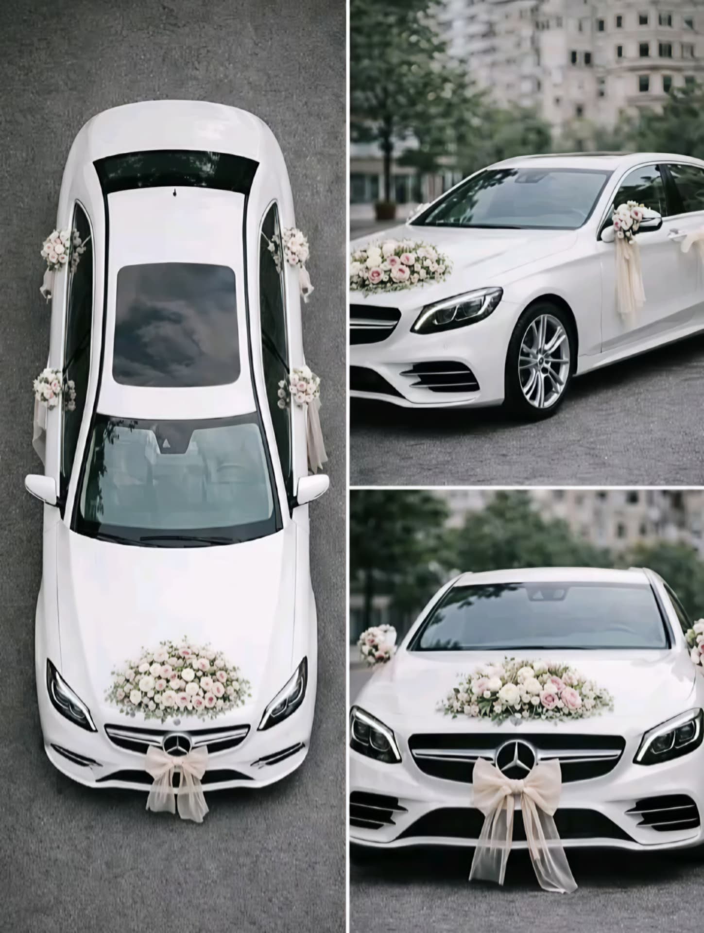 White wedding car decorated with floral arrangements on the bonnet and doors