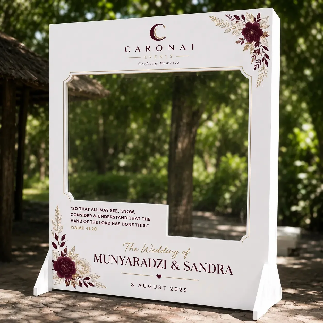 Standing photo booth frame with the Caronai Events logo