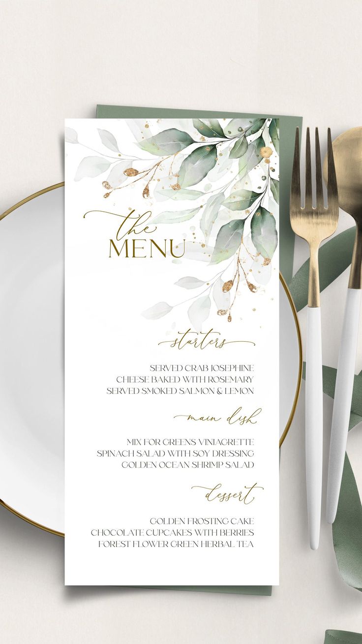 Botanical wedding menu card with sage green leaves and gold details