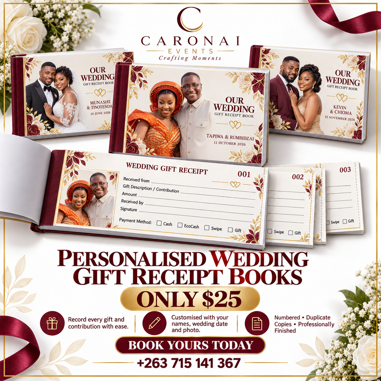 Personalised Caronai wedding gift receipt books with couple photos on the covers