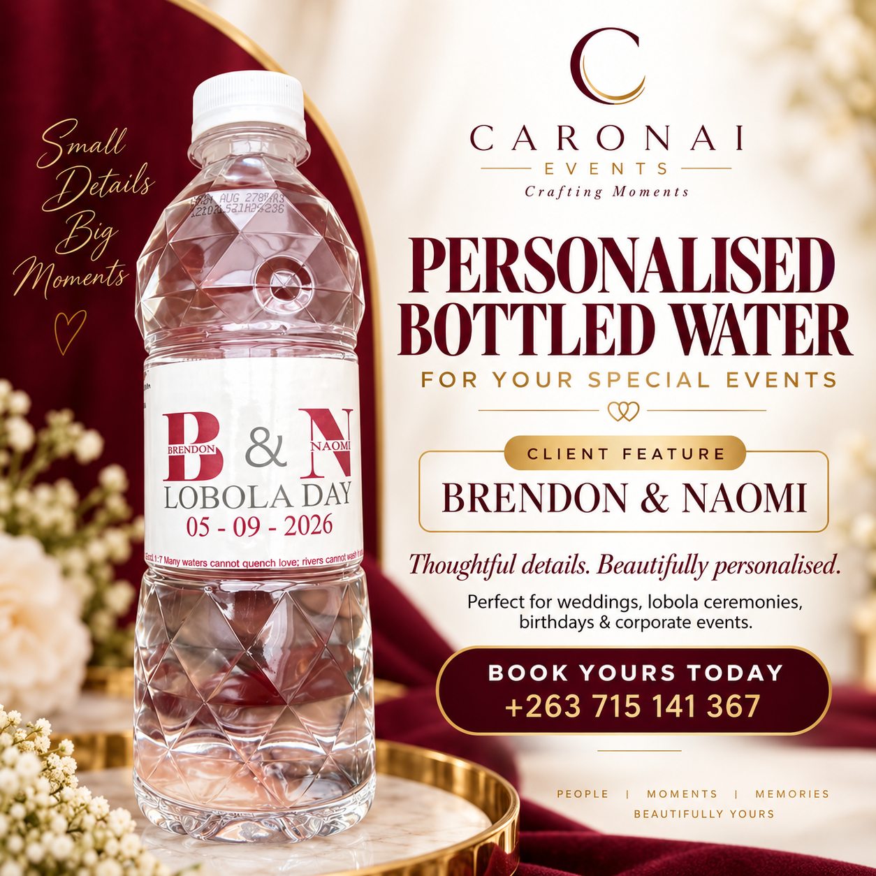 Personalised bottled water labelled for Brendon & Naomi Lobola Day