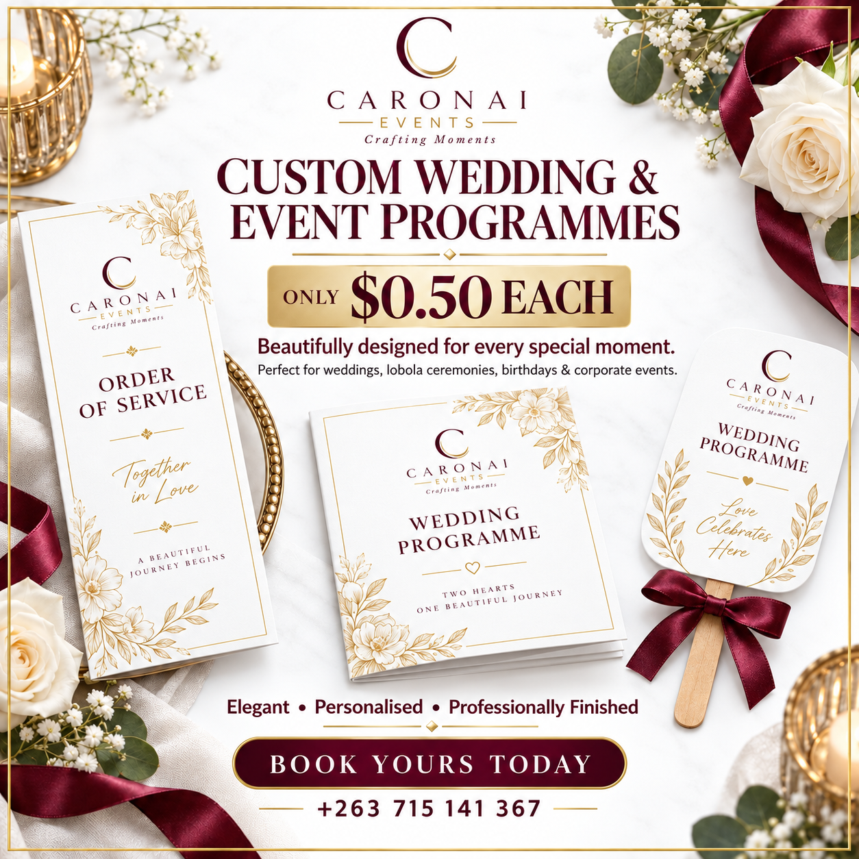 Custom wedding programmes, order of service and programme fan in ivory and gold