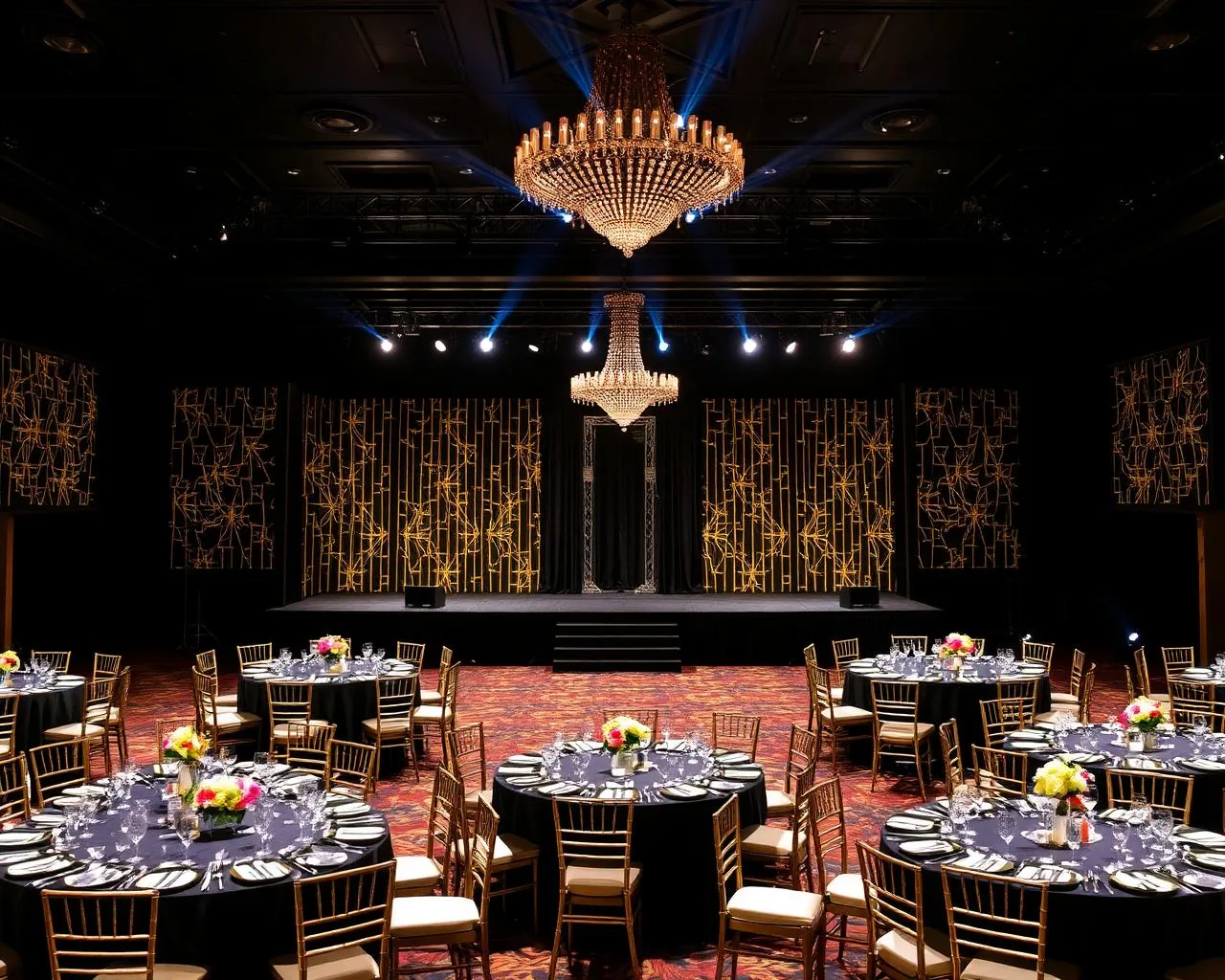 Corporate gala dinner venue with staged lighting and set dining tables
