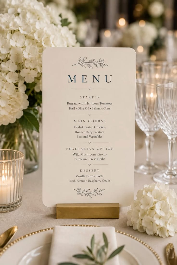Standing ivory wedding menu card beside white flowers and glassware