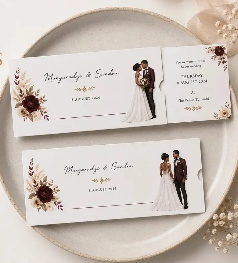 Printed wedding invitation cards presented on a ceramic plate