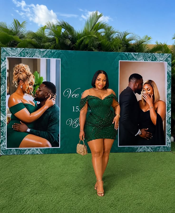 Large printed photo backdrop with a couple's photos