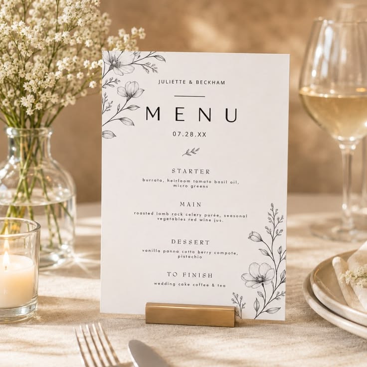 Floral wedding menu card displayed in a gold table stand