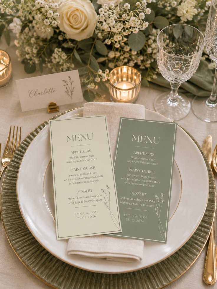 Sage and ivory menu cards with a coordinating guest place card