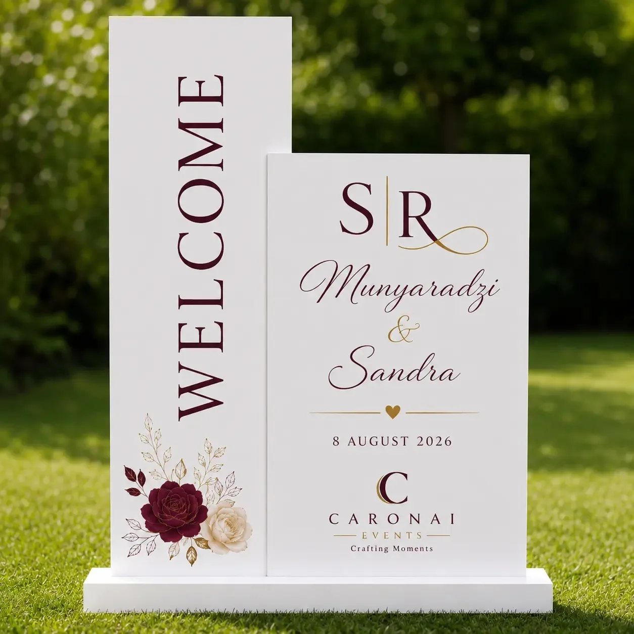 White two-panel welcome standee with the Caronai Events logo
