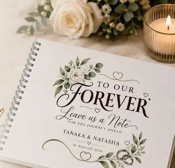 Personalised wedding guest book with floral cover design
