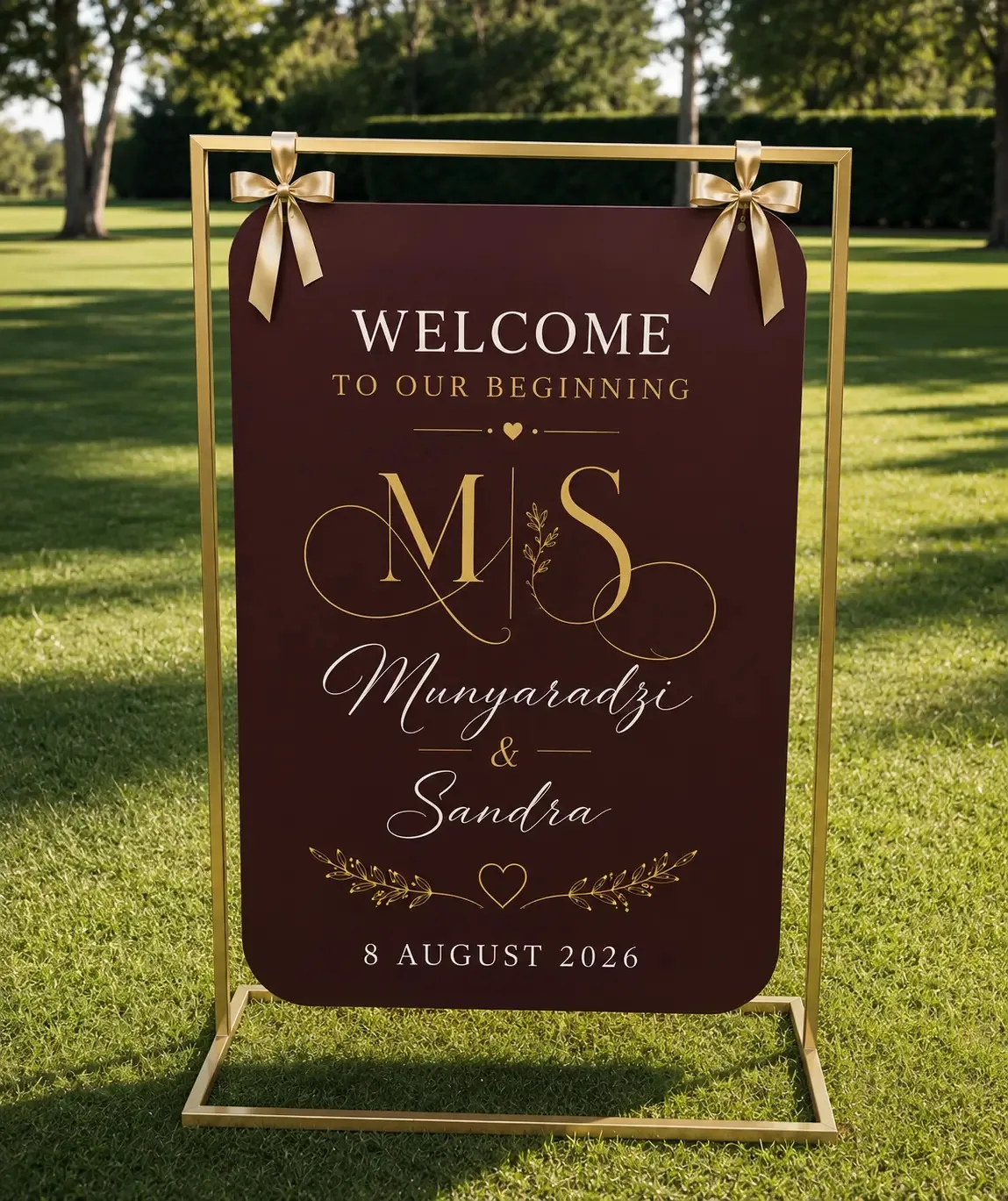 Burgundy welcome sign on a gold stand with ribbon bows