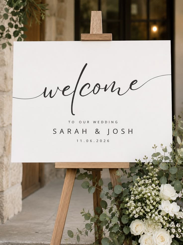 White personalised wedding welcome board displayed on a wooden easel with flowers