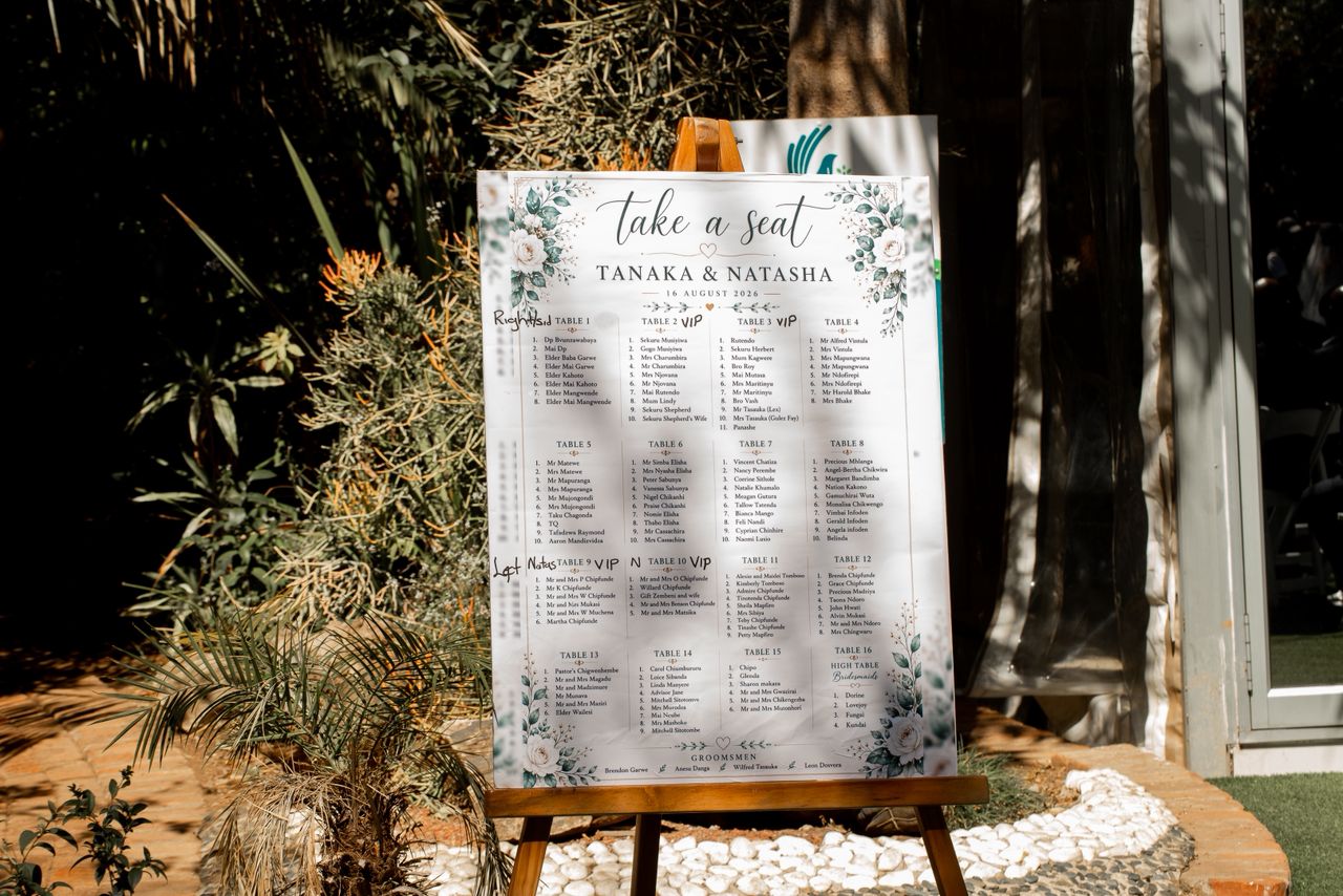 Take-a-seat wedding seating chart designed, printed and installed by Caronai Events for a Harare wedding in August 2026