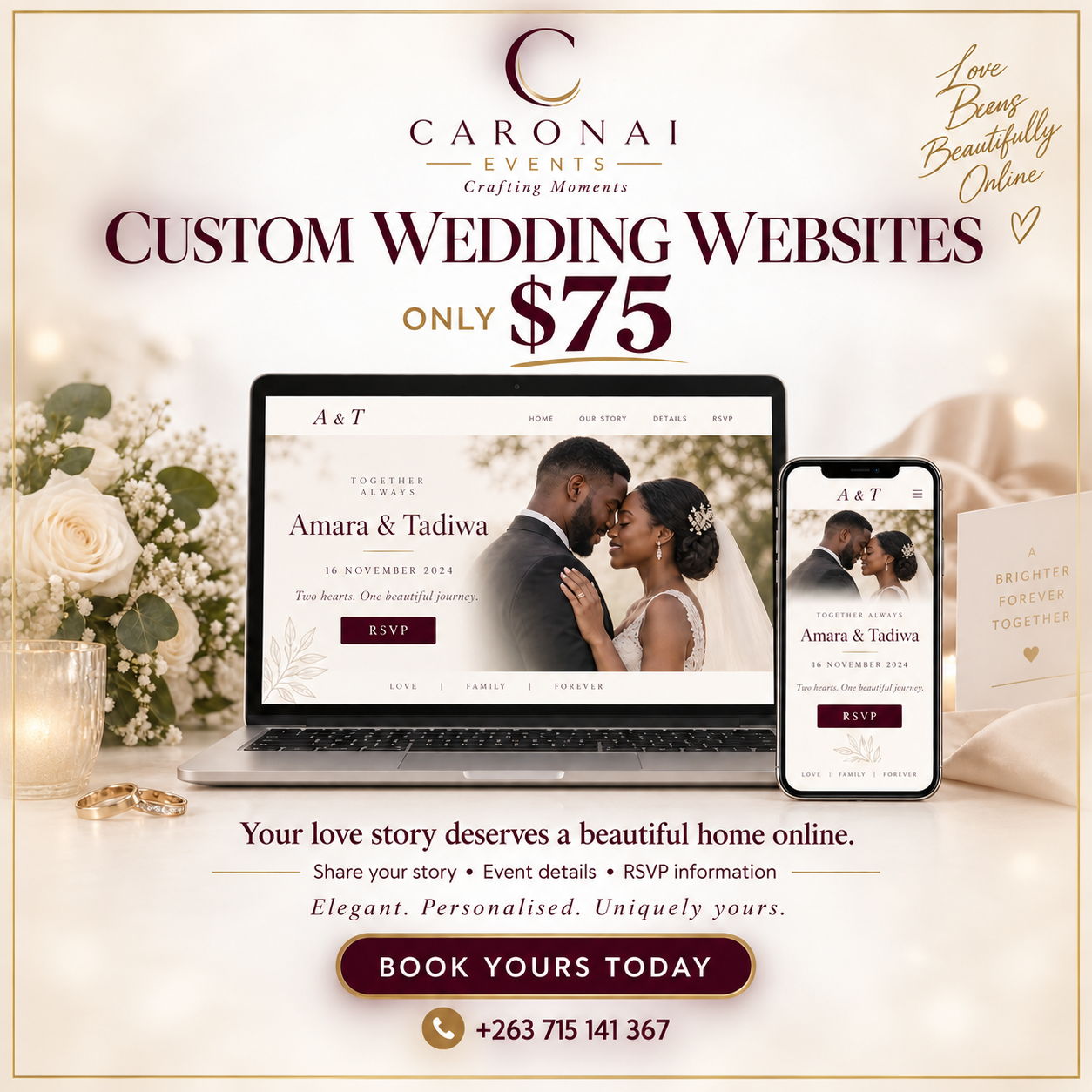 Custom wedding website shown on a laptop and phone