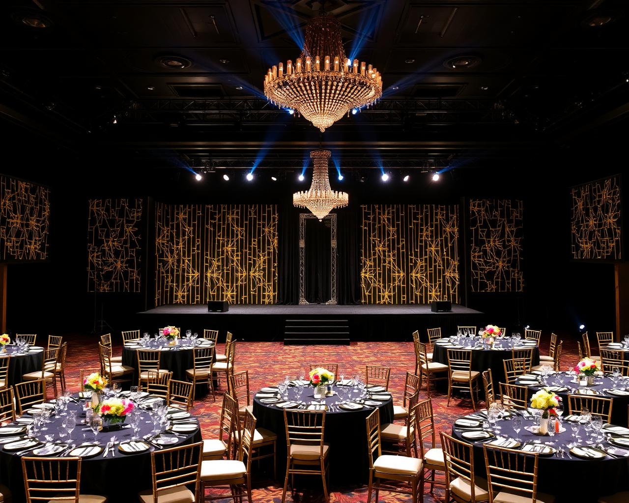Gala dinner room with staged lighting
