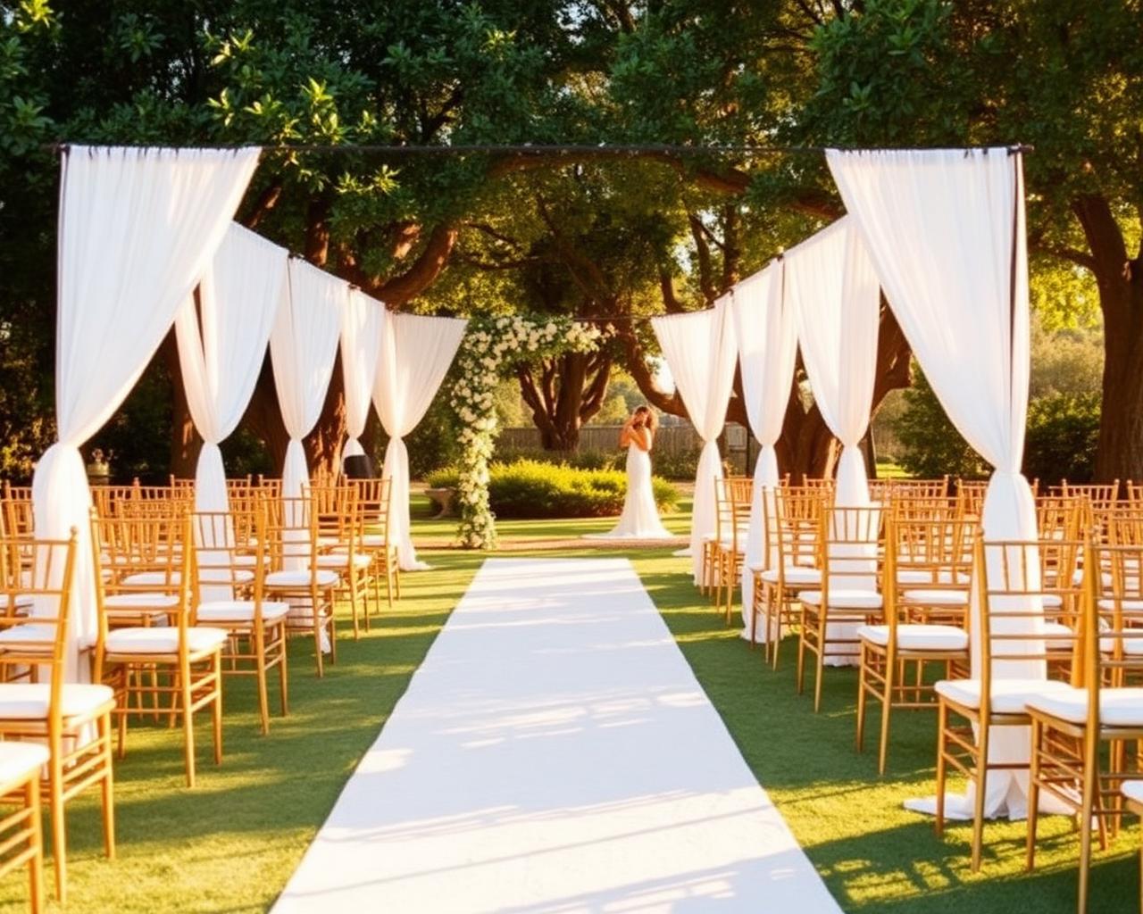Outdoor ceremony setting with natural surroundings and draped seating