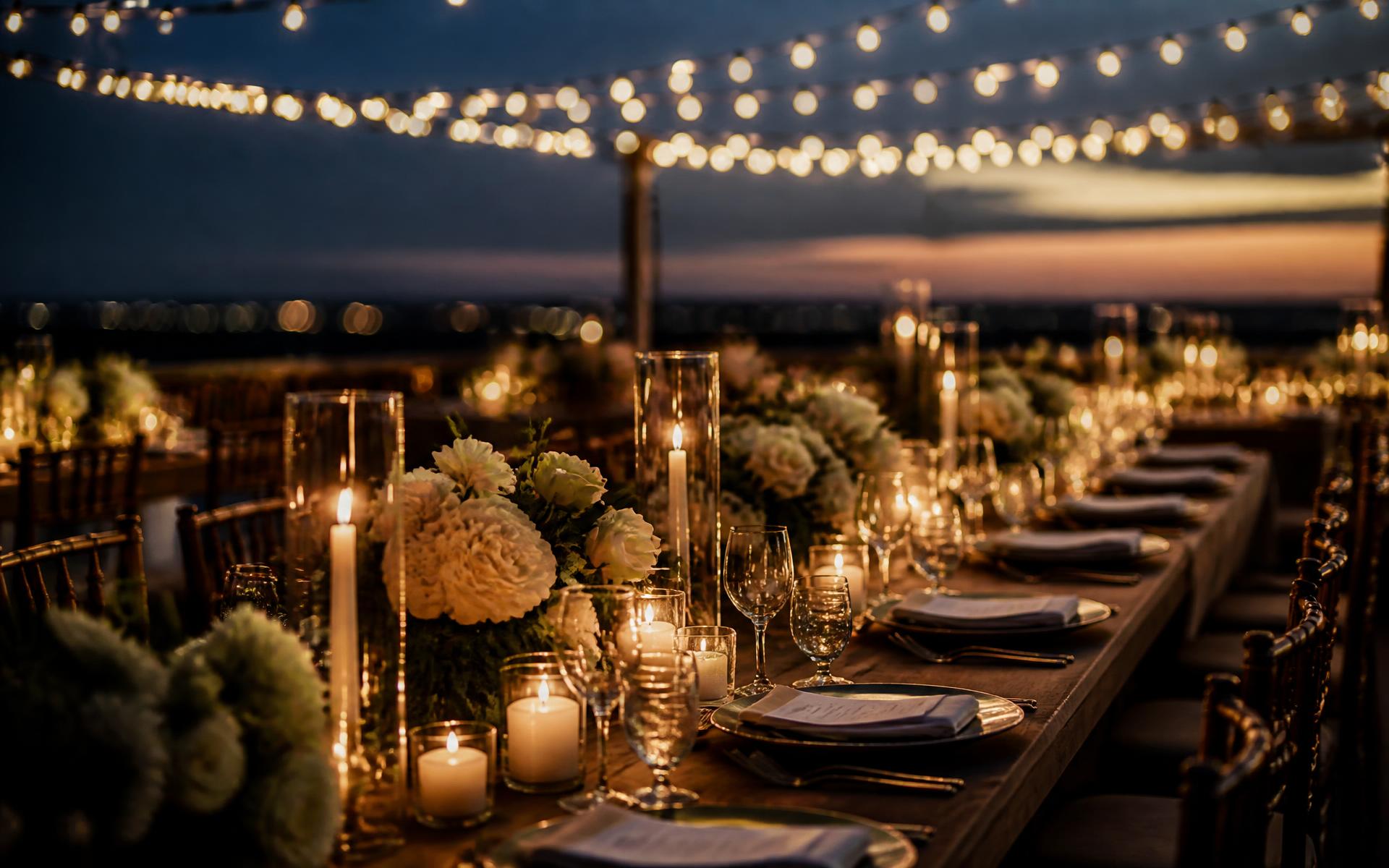 Evening reception lit with hanging festoon lighting
